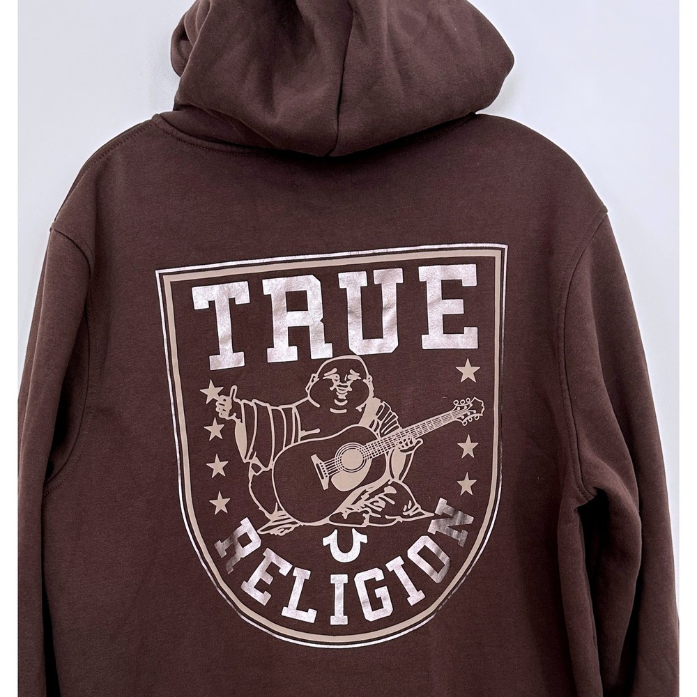 True Religion Mens Metallic Buddha Star Zip Hoodie Brown Sweatshirt XL
